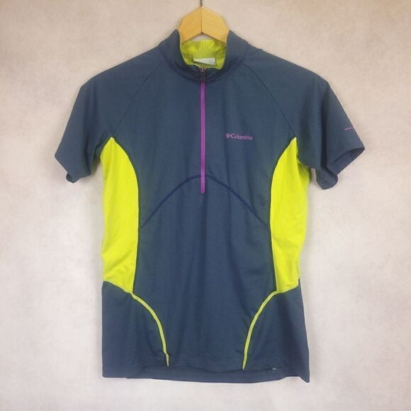 Columbia Omni-Wick Gray Yellow Short Sleeve Cycling Jersey Tshirt Size Medium - Picture 1 of 5